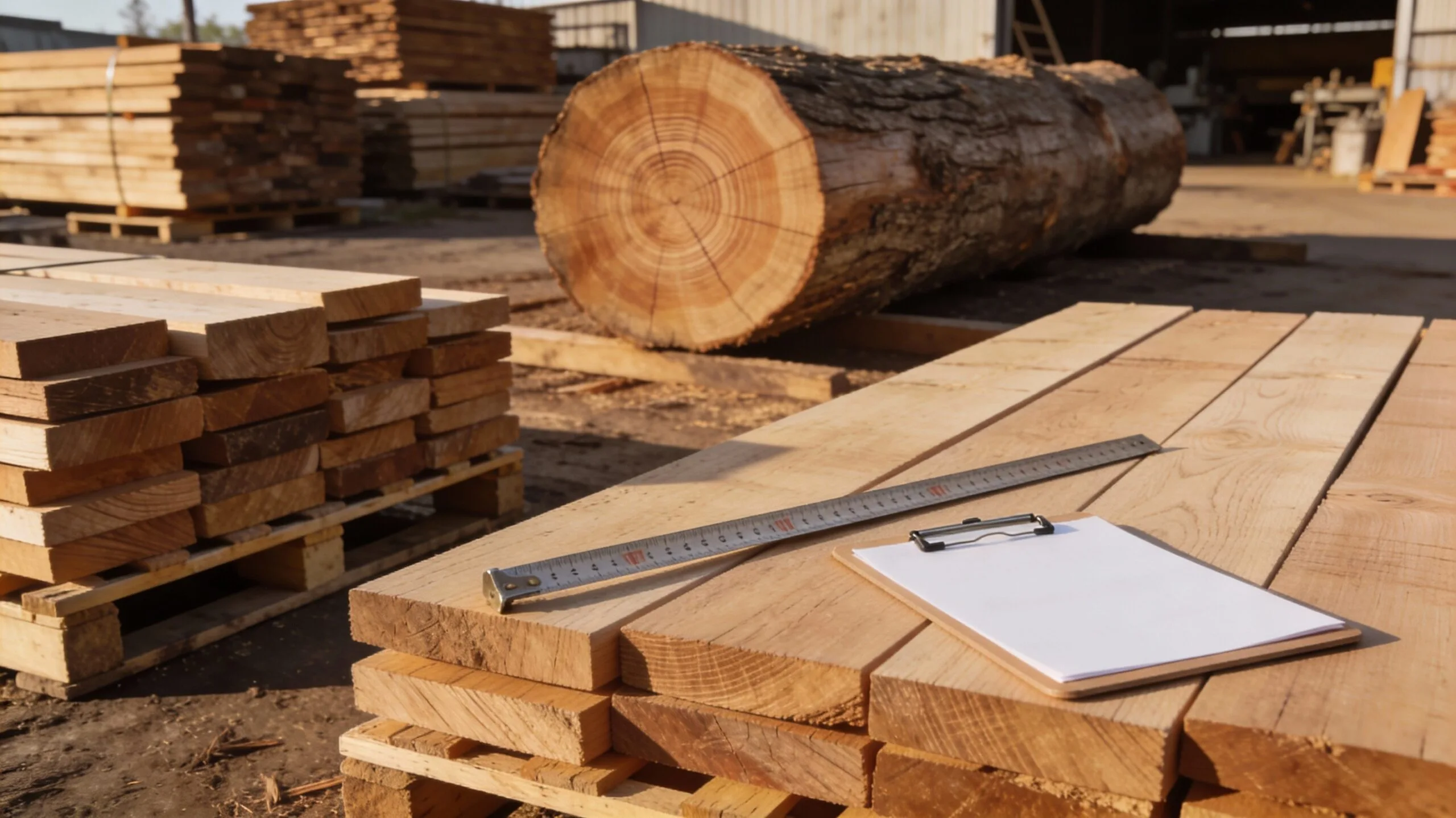 Planches de chêne empilées sur palettes avec une grume au fond et un mètre ruban posé dessus, pour illustrer le prix au m3 du chêne