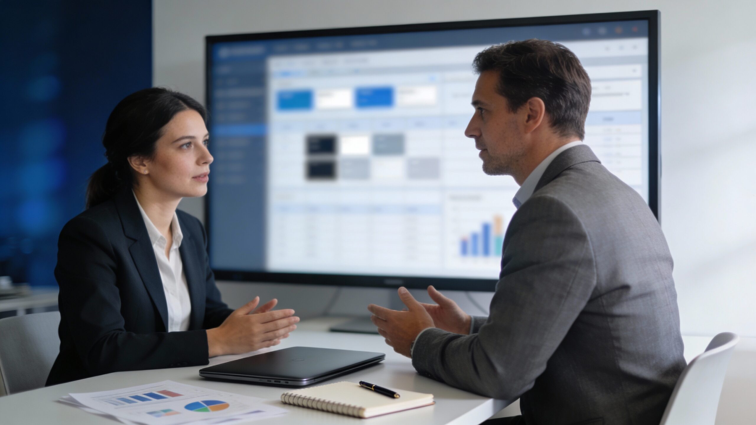 Deux professionnels RH et conformité discutent dans un bureau moderne devant un écran flouté, illustrant le recrutement en conformité.