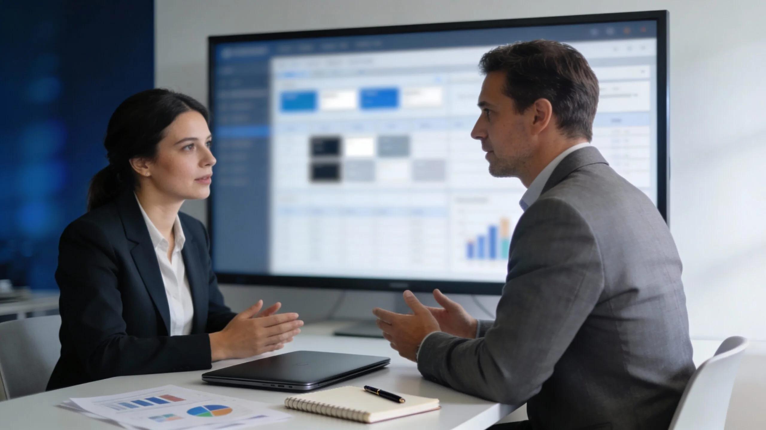 Deux professionnels RH et conformité discutent dans un bureau moderne devant un écran flouté, illustrant le recrutement en conformité.