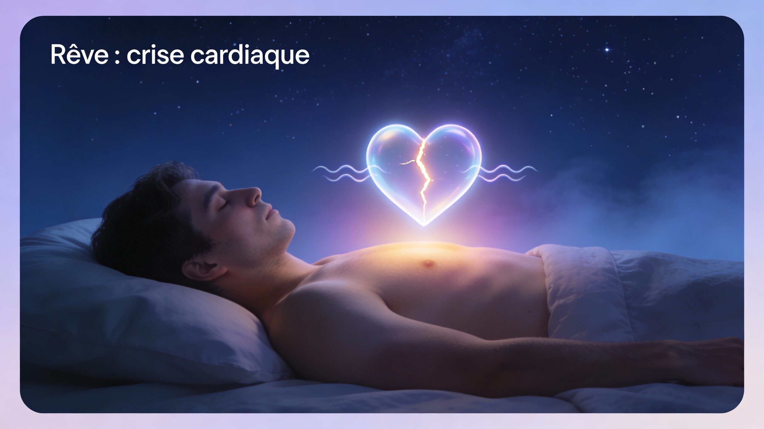 Illustration onirique d’une personne endormie avec un cœur stylisé lumineux au niveau de la poitrine, ambiance nocturne apaisante