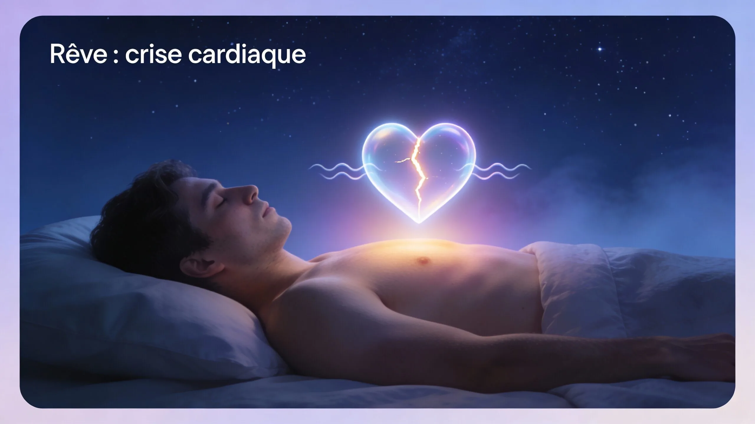 Illustration onirique d’une personne endormie avec un cœur stylisé lumineux au niveau de la poitrine, ambiance nocturne apaisante
