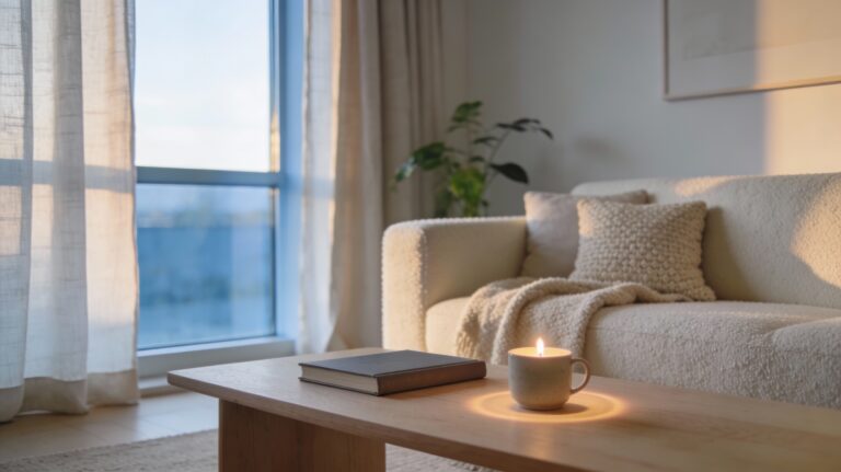 Salon contemporain scandinave, tons beige et bleu-gris, lumière douce, canapé bouclé avec plaid, plantes et bougie, ambiance calme.