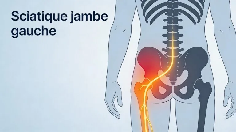 Illustration du trajet du nerf sciatique dans la jambe gauche, du bas du dos à la fesse et à l’arrière de la cuisse.