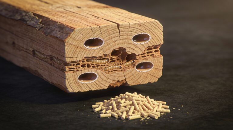 Gros plan sur poutre en bois résineux avec trous de sortie ovales de 7-10 mm caractéristiques du capricorne des maisons et vermoulure claire en dessous