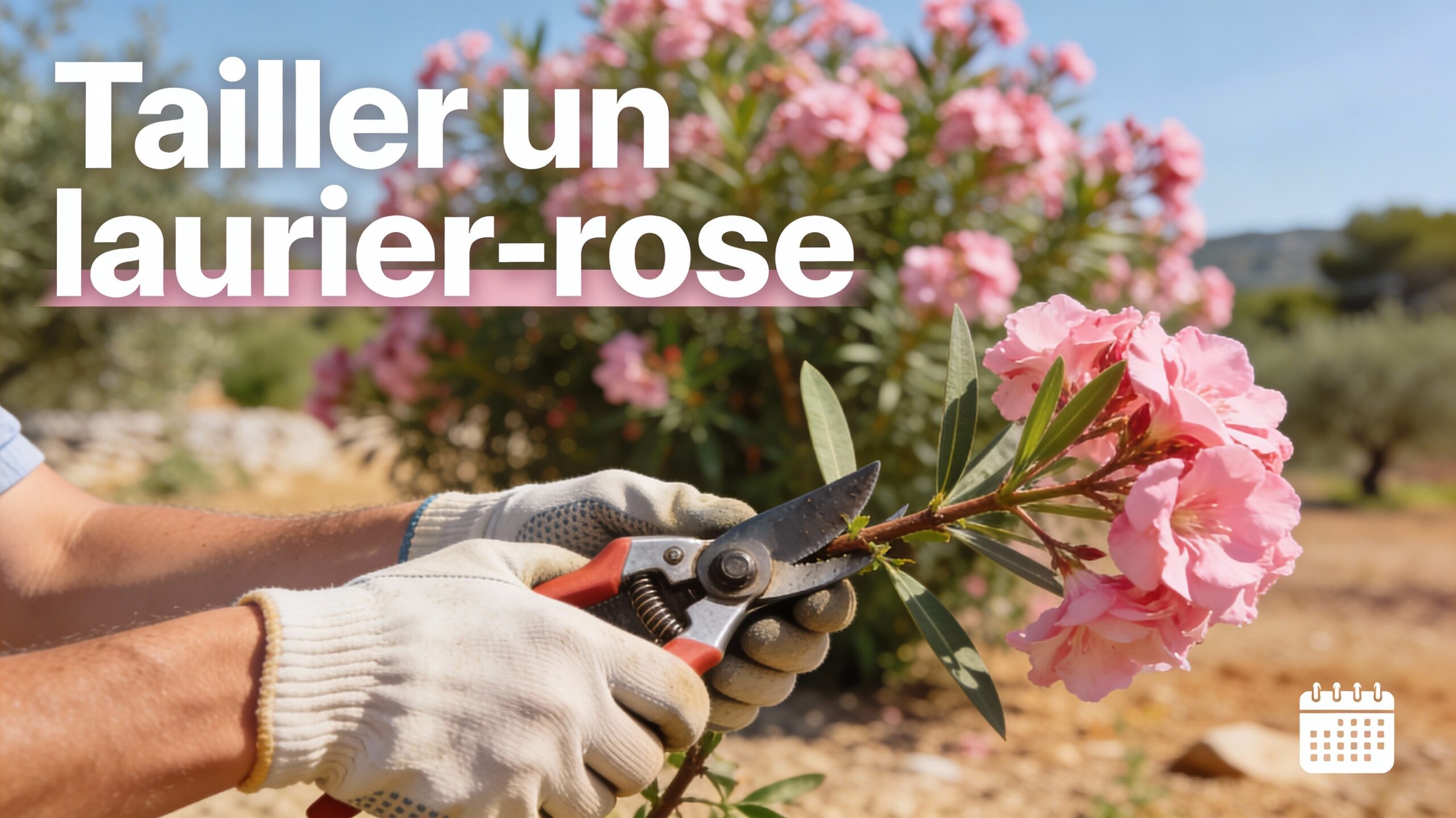 Mains avec gants taillant un laurier-rose au sécateur, fleurs roses visibles, en extérieur.