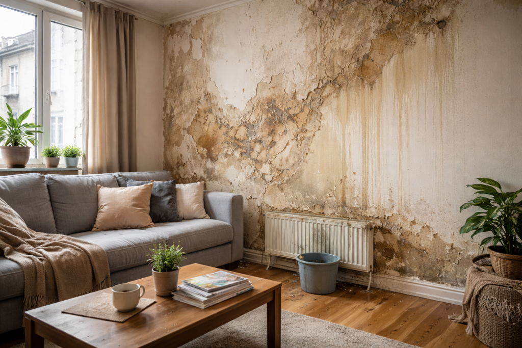 Mur intérieur présentant des traces d’humidité et des cloques de peinture après un dégât des eaux léger dans un appartement.