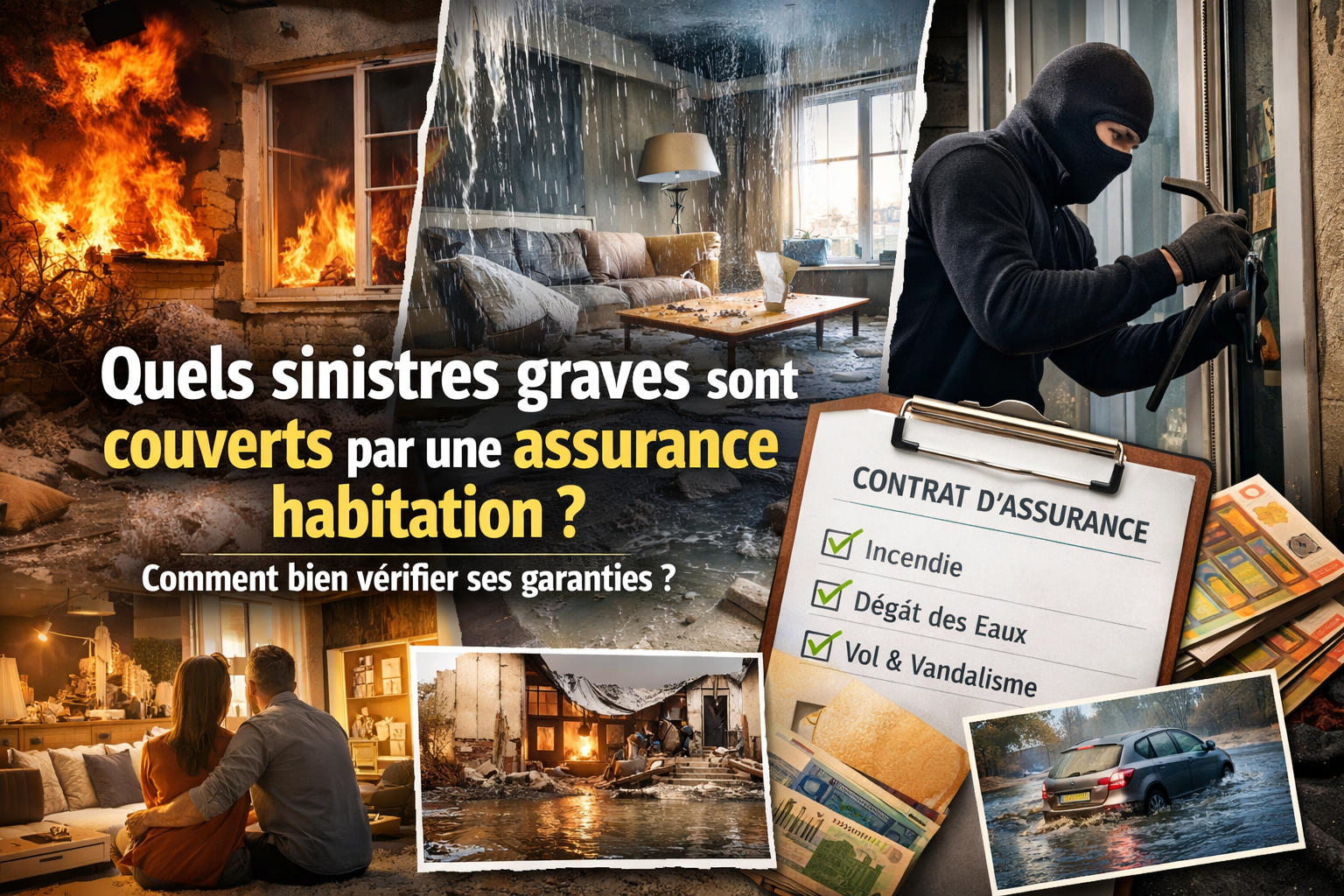 Illustration des principaux sinistres couverts par l’assurance habitation : incendie dans un logement, dégât des eaux dans un salon, cambriolage avec effraction et checklist de garanties d’assurance habitation.