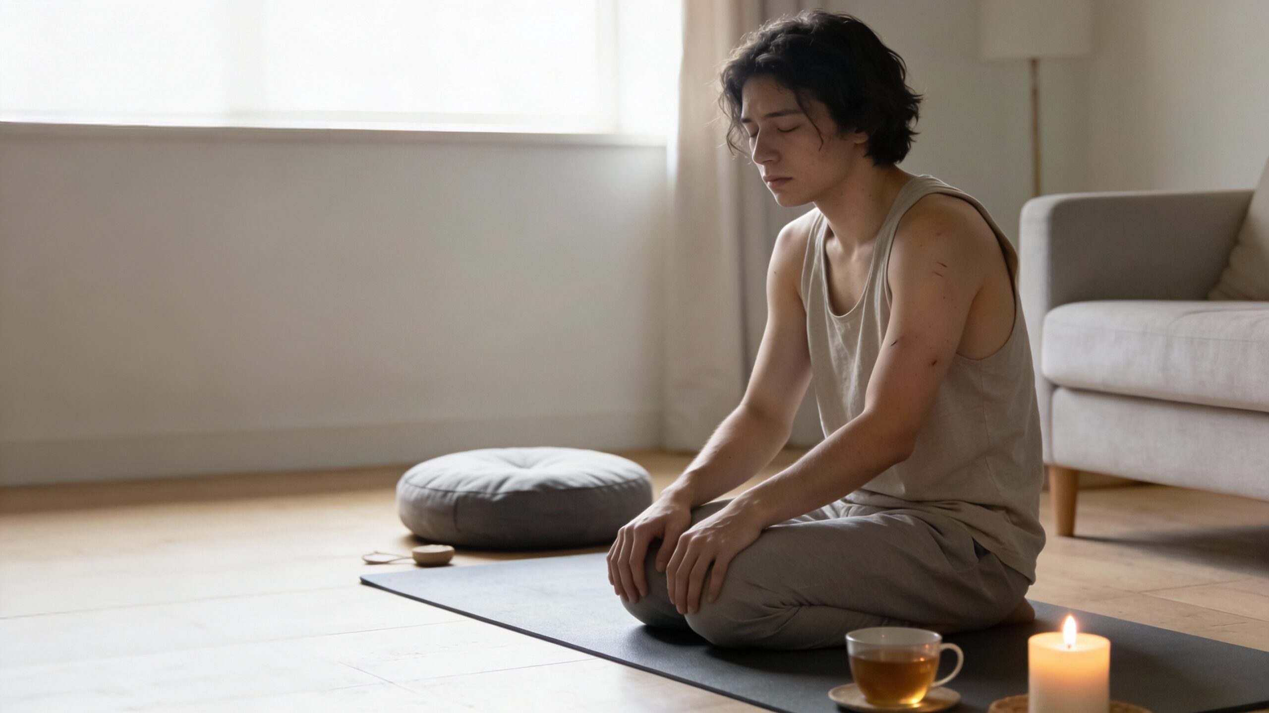 Personne assise sur un tapis de yoga dans un salon minimaliste, posture fatiguée et méditative, lumière douce, objets bien-être discrets, ambiance d’épuisement.