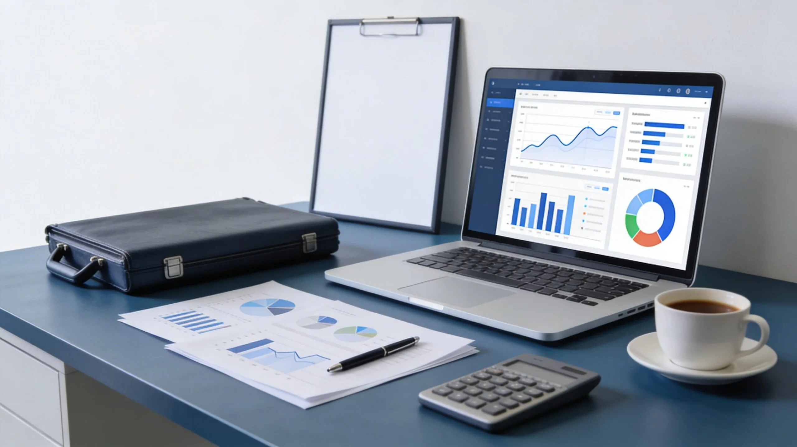 Ordinateur portable affichant des graphiques financiers et documents sur un bureau, illustrant l’analyse d’un bilan financier
