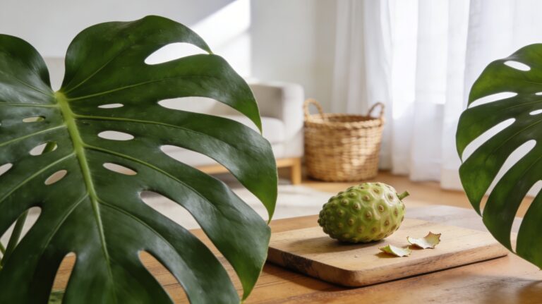 Grande feuille de Monstera deliciosa au premier plan, avec un fruit de cériman sur une planche en bois dans un intérieur lumineux.