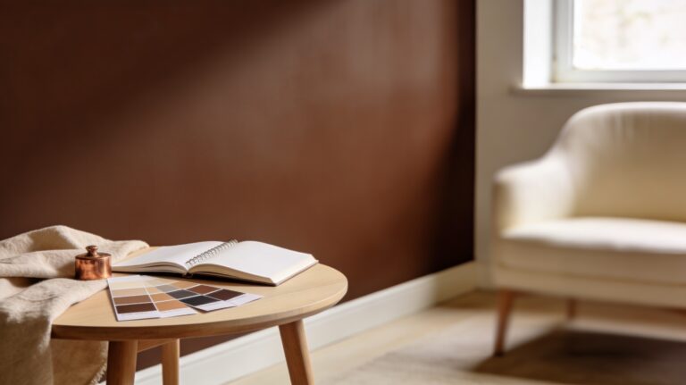 Mur brun chaud type Mocha Mousse, table en bois avec nuanciers/échantillons de peinture, carnet, tissu en lin beige et objet en laiton, fauteuil beige flou en arrière-plan.