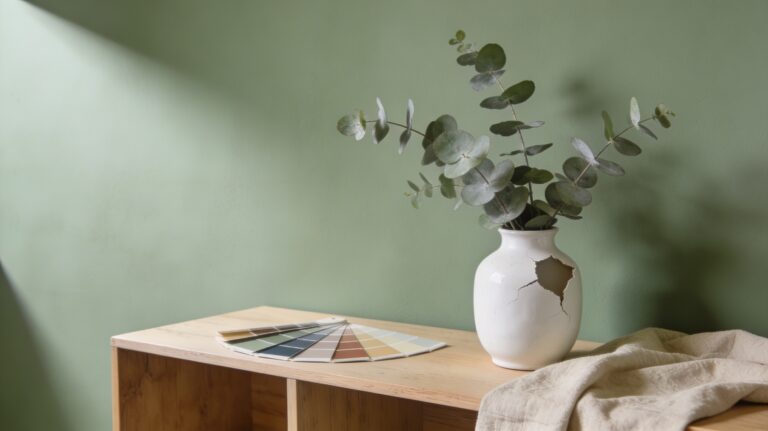 Intérieur lumineux avec mur vert sauge, console en bois clair, nuancier de peinture, vase blanc cassé avec eucalyptus et textile en lin beige.