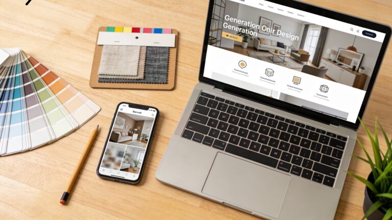 Bureau créatif avec ordinateur portable affichant une interface de décoration intérieure par IA, smartphone avec avant/après flou, nuanciers, moodboard, plante verte.