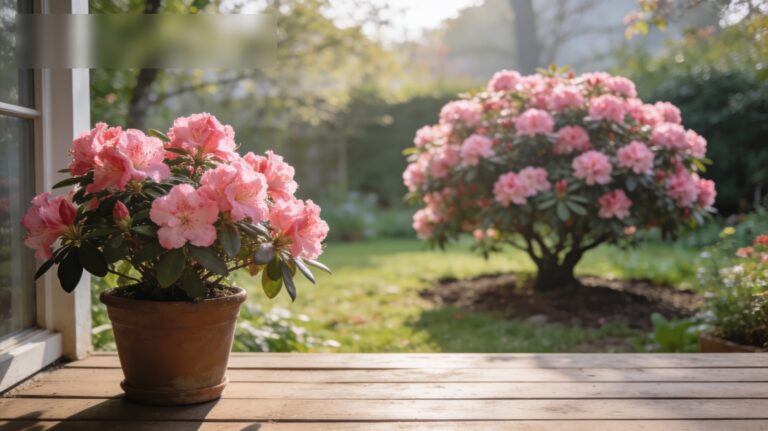 Azalée rose en pot sur une terrasse, avec une azalée en pleine terre floue en arrière-plan dans le jardin.