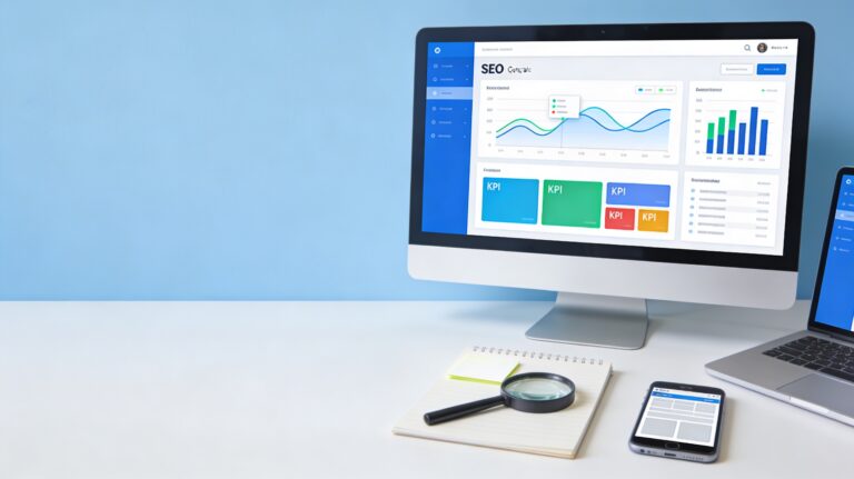 Ordinateur affichant un tableau de bord SEO et une loupe sur un bureau, illustrant un audit de référencement