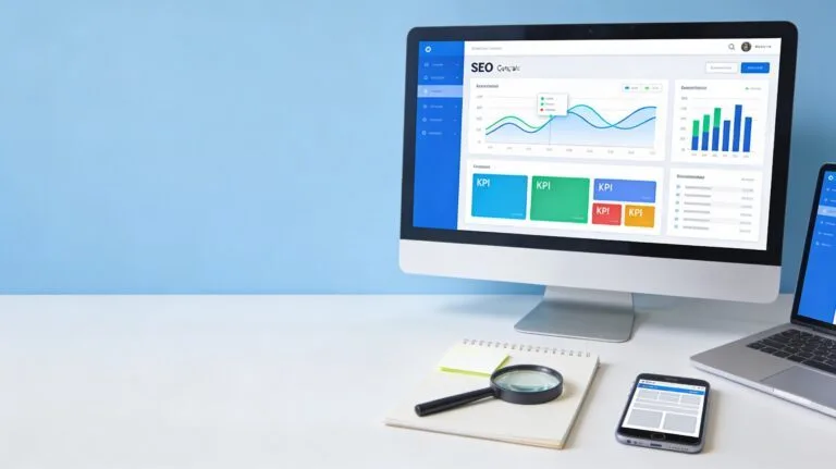 Ordinateur affichant un tableau de bord SEO et une loupe sur un bureau, illustrant un audit de référencement