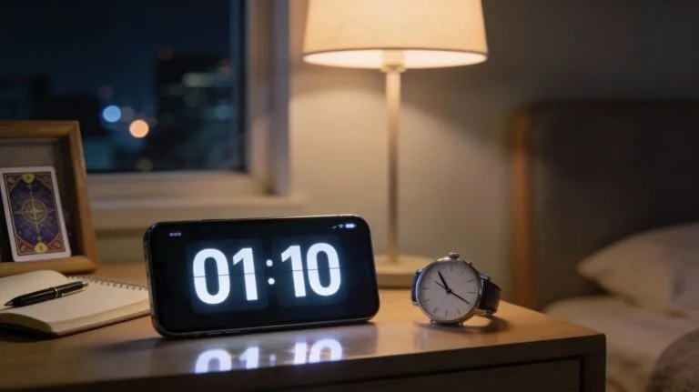 Smartphone affichant 01:10 sur une table de chevet, avec montre indiquant 1h10, carnet et carte de tarot en arrière-plan