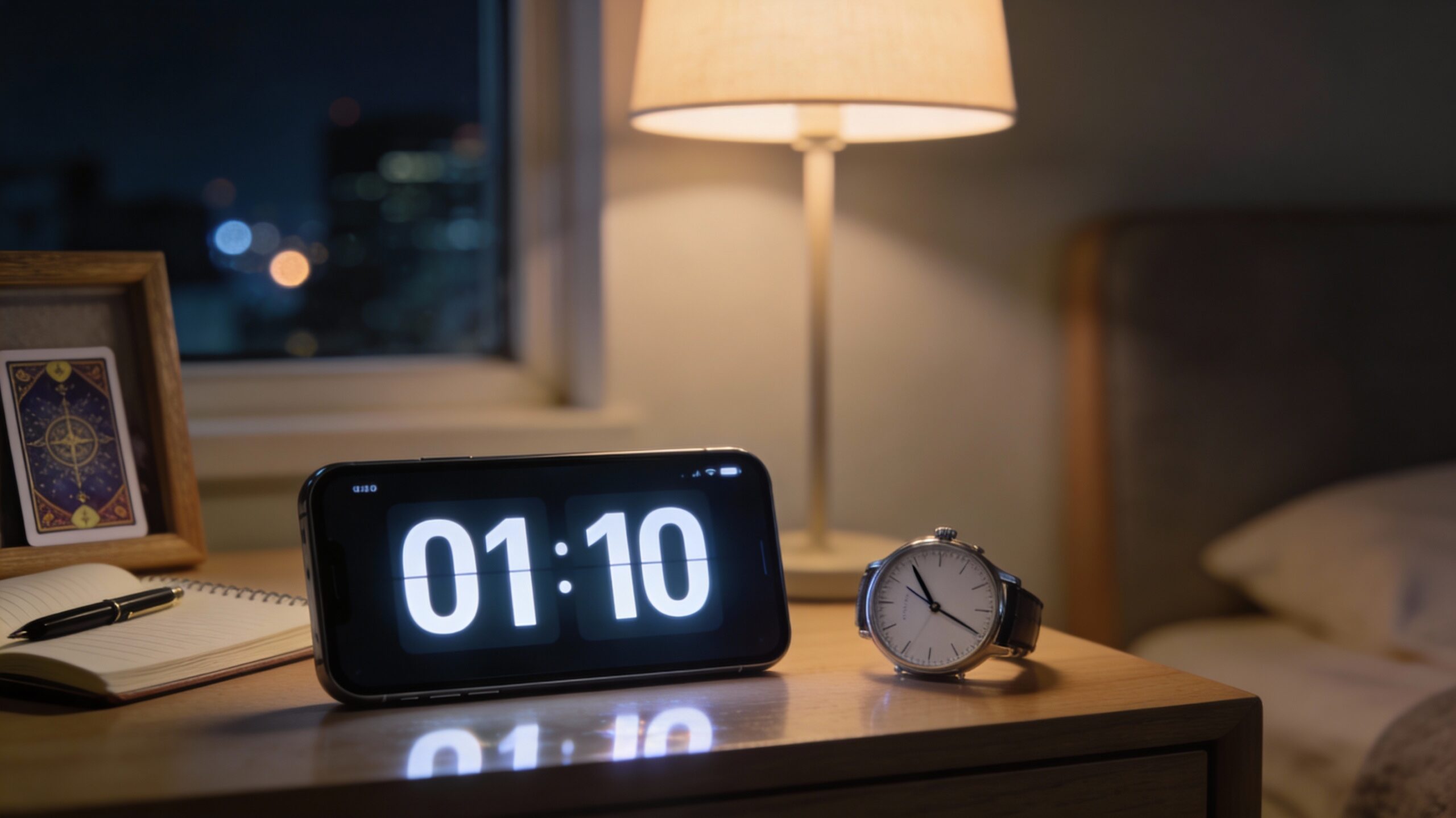 Smartphone affichant 01:10 sur une table de chevet, avec montre indiquant 1h10, carnet et carte de tarot en arrière-plan
