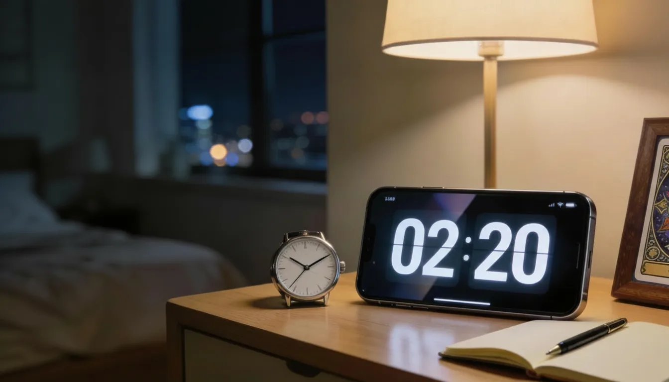 Smartphone affichant 02:20 sur une table de chevet, avec montre analogique indiquant 2h20 et carnet ouvert sans texte