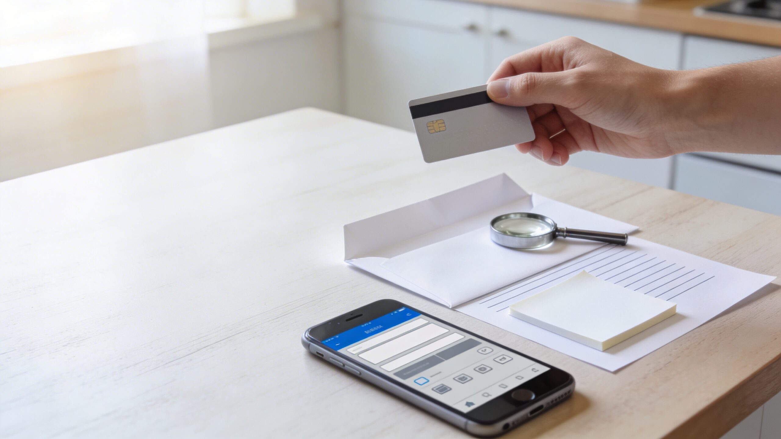 Main tenant une carte bancaire, smartphone avec interface bancaire et relevé sur table, pour vérifier un prélèvement de 108 €Main tenant une carte bancaire, smartphone avec interface bancaire et relevé sur table, pour vérifier un prélèvement de 108 €