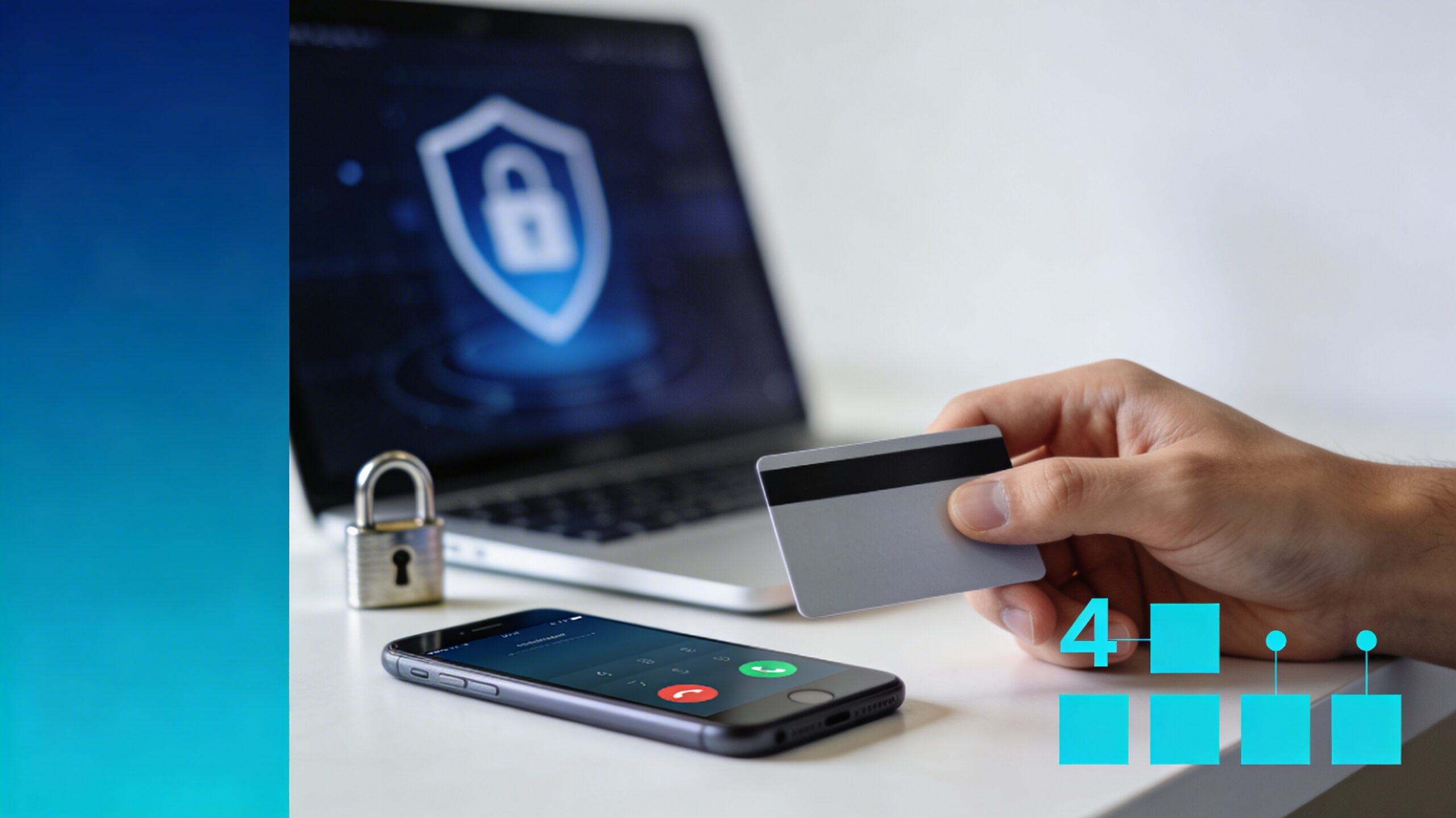 Main tenant une carte bancaire neutre, smartphone et cadenas sur un bureau, illustrant un risque d’arnaque et la sécurité