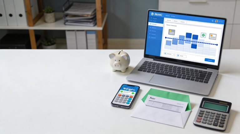 Ordinateur avec interface bancaire générique, smartphone et document de paie stylisé sur un bureau, illustrant un virement de 1 745 €