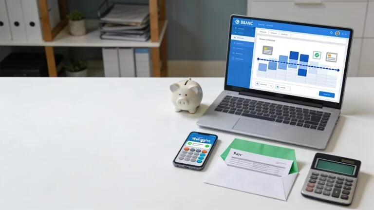 Ordinateur avec interface bancaire générique, smartphone et document de paie stylisé sur un bureau, illustrant un virement de 1 745 €
