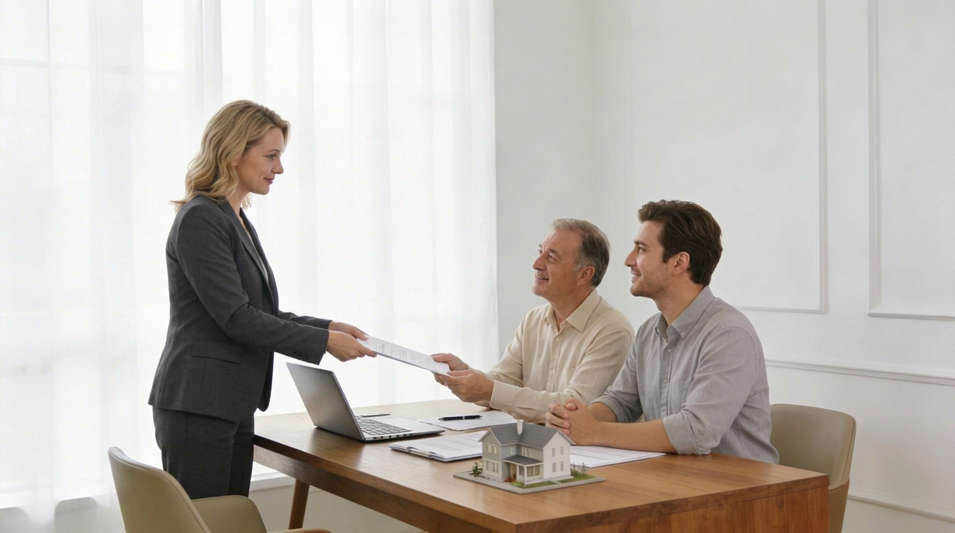 Conseiller immobilier et clients échangeant dans un bureau d’agence Orpi