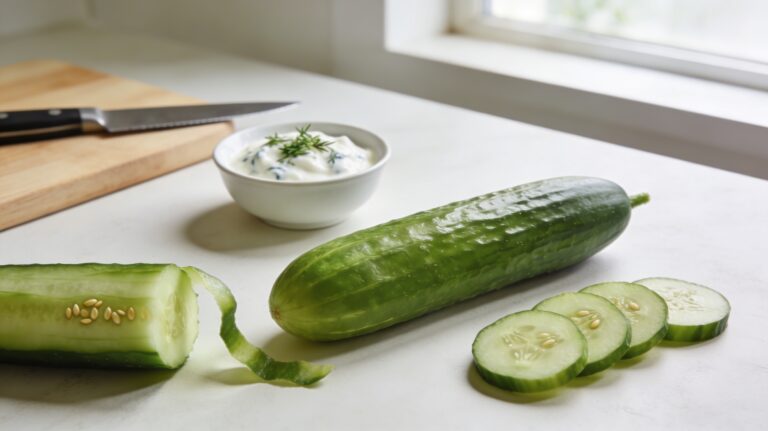 Concombre frais entier, partiellement épluché et en rondelles sur planche, avec bol de yaourt aux herbes type tzatziki