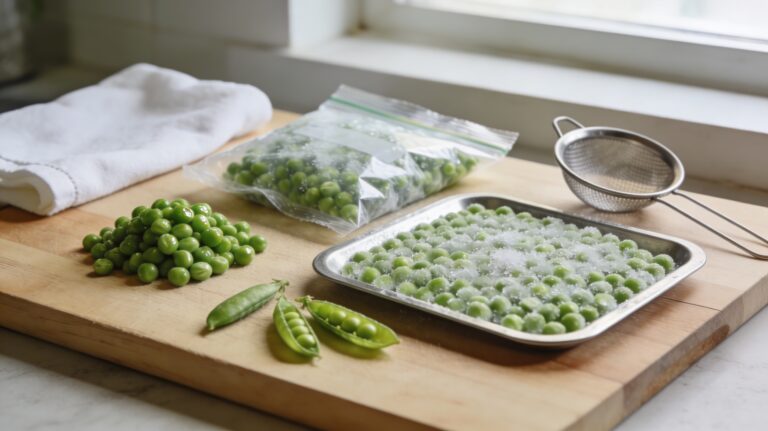 Petits pois frais écossés sur planche, sachet de congélation et petits pois étalés sur plaque pour pré-congélation