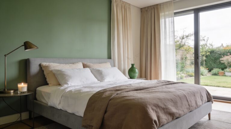Chambre adulte contemporaine dans des tons doux et apaisants, avec une palette beige, vert sauge et gris clair