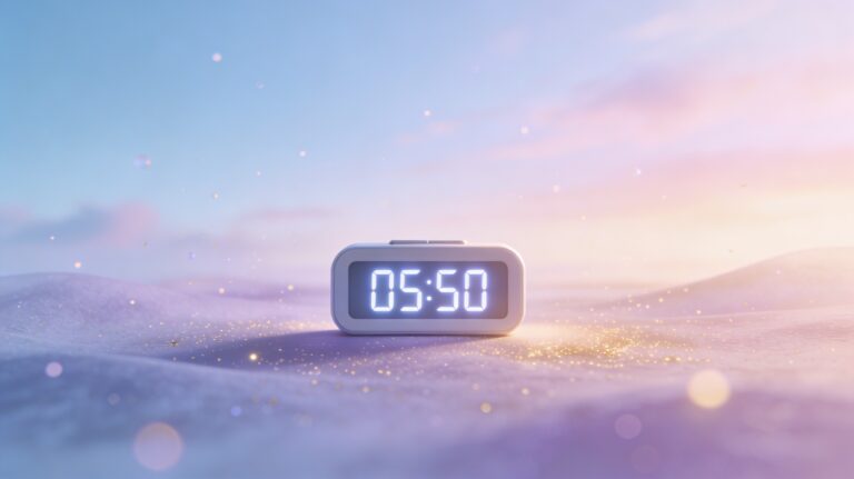 Horloge numérique affichant 05:50 dans une ambiance d’aube douce bleu, rose et dorée, image de couverture pour un article sur la signification spirituelle de l’heure inversée 05h50.