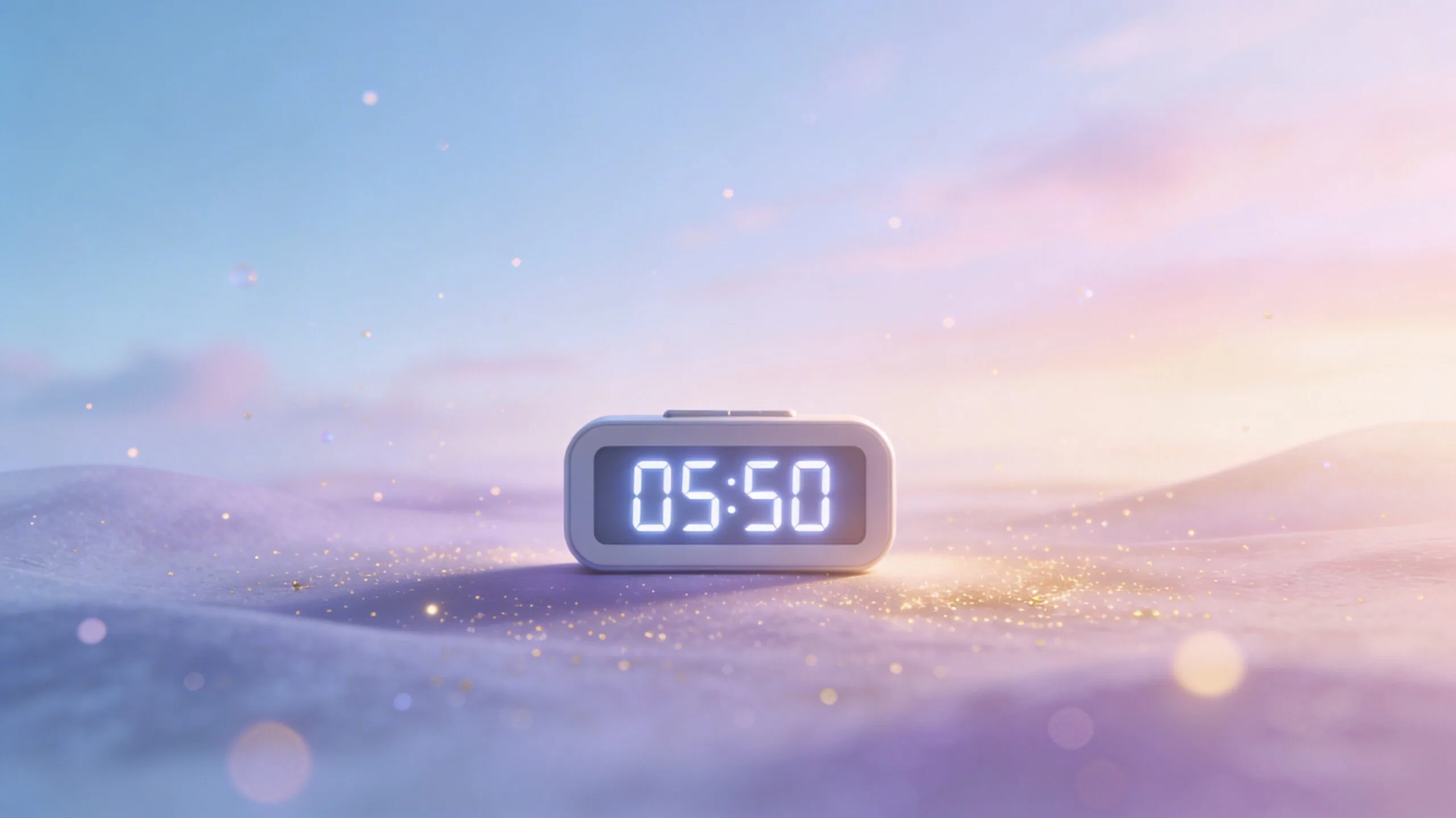 Horloge numérique affichant 05:50 dans une ambiance d’aube douce bleu, rose et dorée, image de couverture pour un article sur la signification spirituelle de l’heure inversée 05h50.