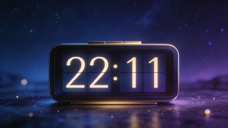 Horloge numérique affichant 22:11 dans une ambiance nocturne bleu-violet avec touches dorées, image de couverture pour un article sur la signification spirituelle de l’heure miroir 22h11.