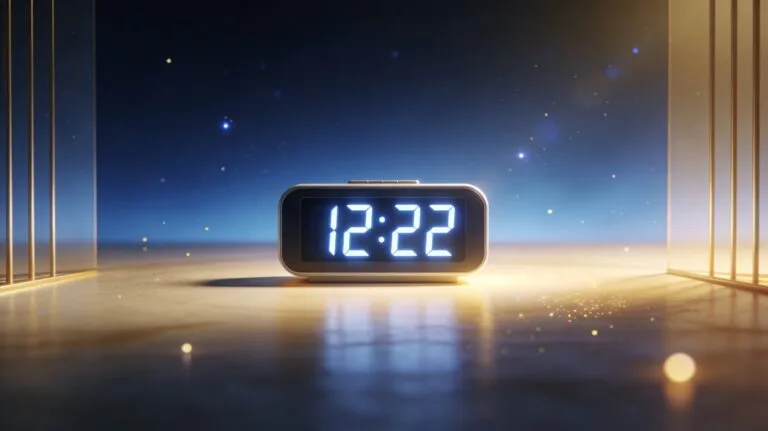 Horloge numérique affichant 12:22 dans une ambiance spirituelle bleue et dorée, image de couverture pour un article sur la signification de l’heure triple 12h22.