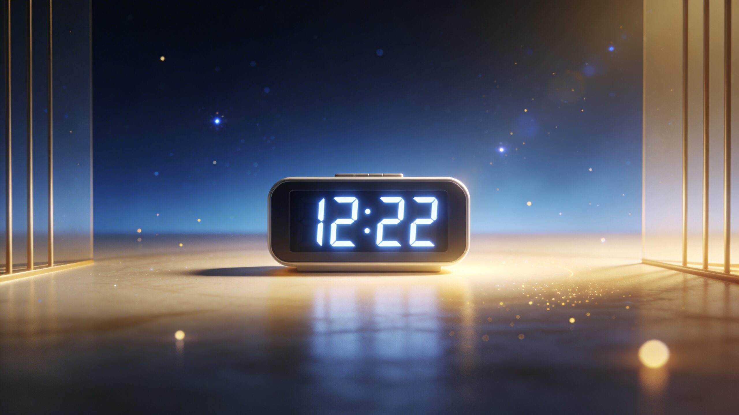 Horloge numérique affichant 12:22 dans une ambiance spirituelle bleue et dorée, image de couverture pour un article sur la signification de l’heure triple 12h22.