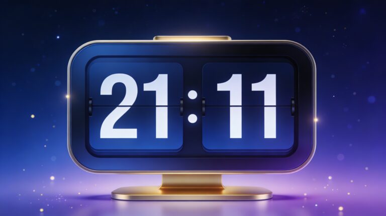 Horloge numérique affichant 21:11 dans une ambiance nocturne bleue et dorée, image de couverture pour un article sur la signification spirituelle de l’heure triple 21h11.