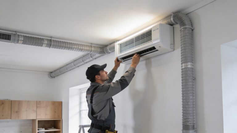 Technicien installant une unité de ventilation mécanique contrôlée dans un intérieur résidentiel en rénovation