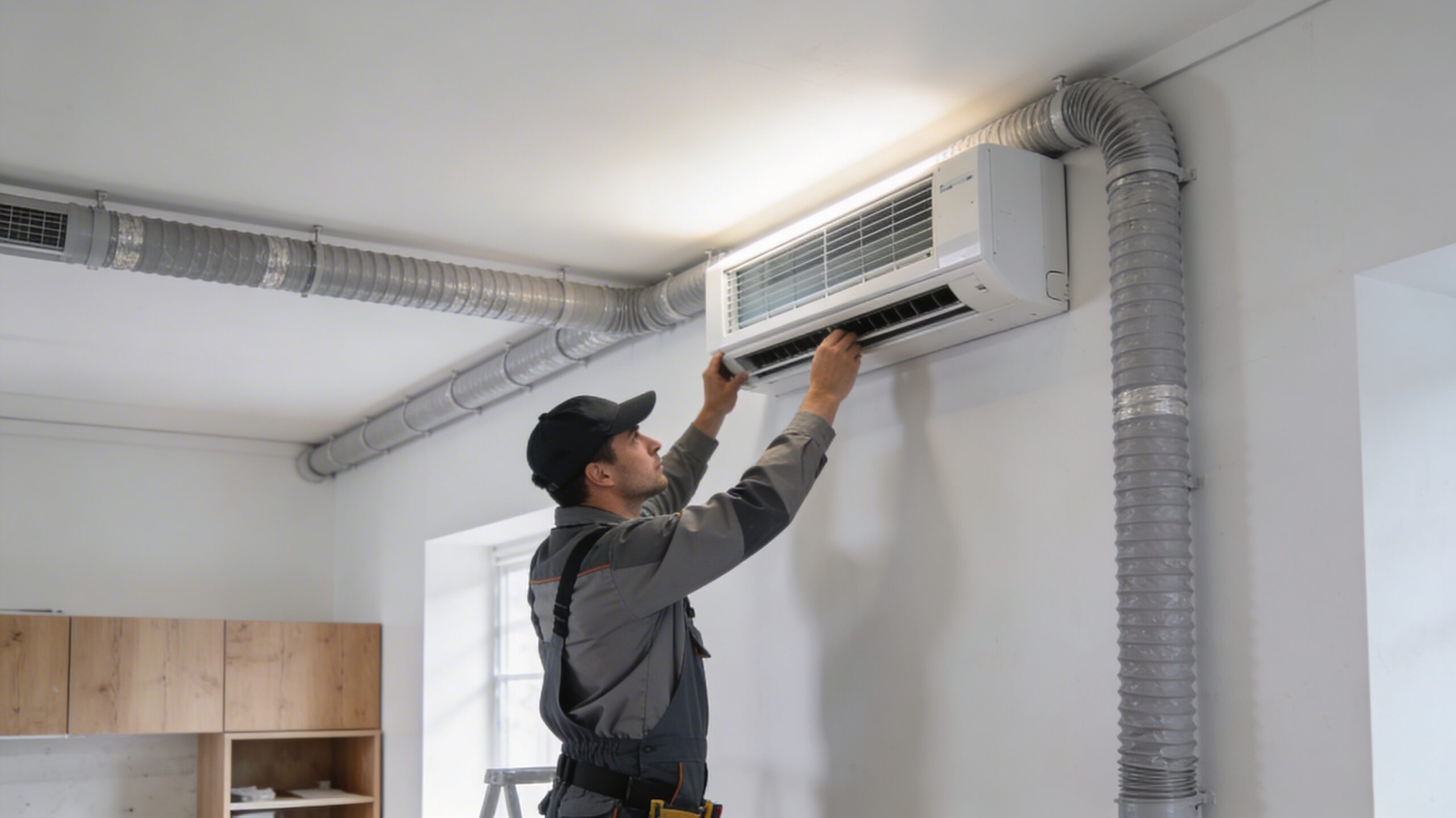 Technicien installant une unité de ventilation mécanique contrôlée dans un intérieur résidentiel en rénovation