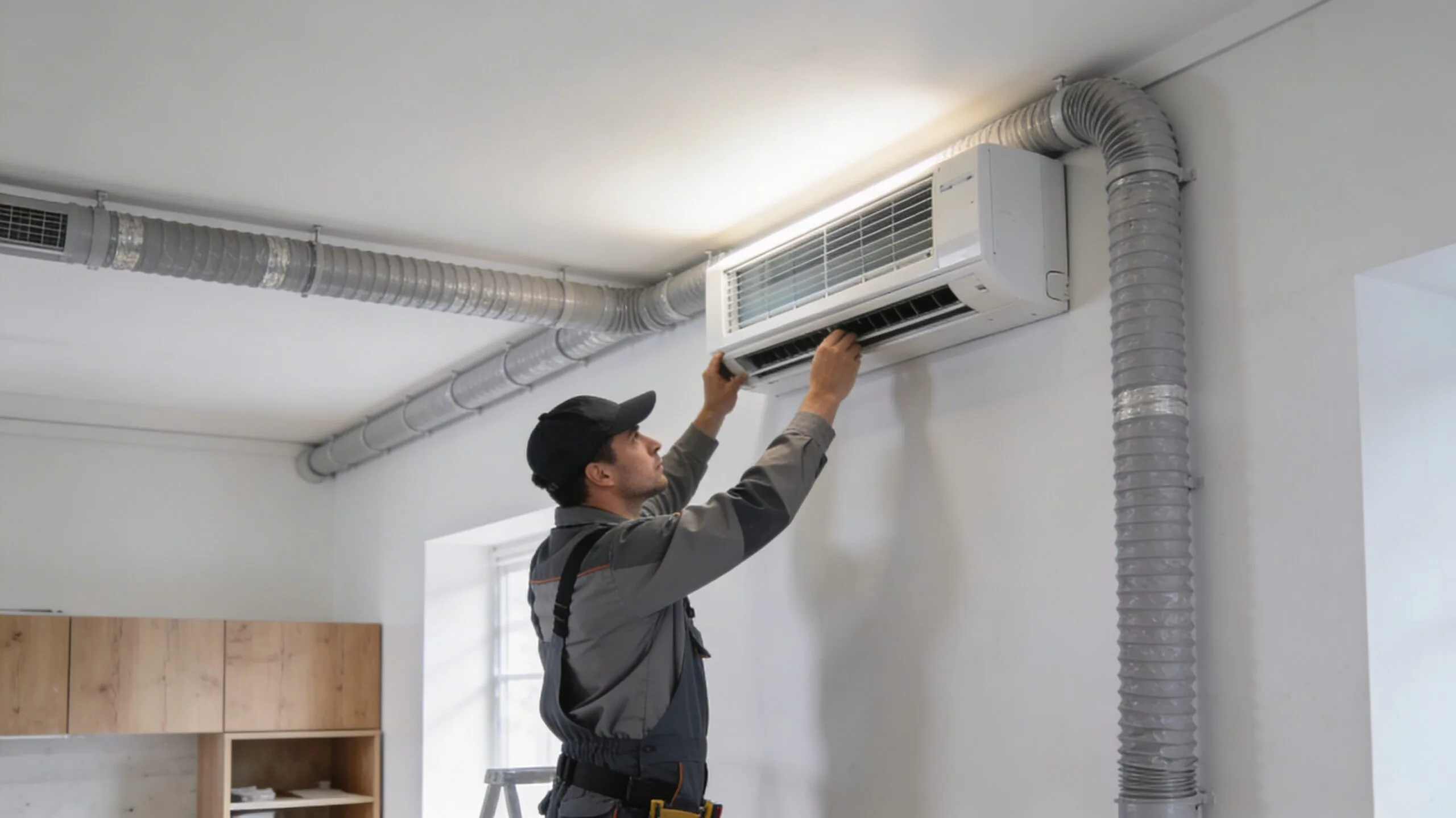 Technicien installant une unité de ventilation mécanique contrôlée dans un intérieur résidentiel en rénovation