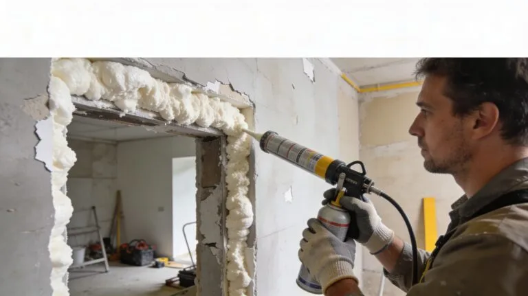 Artisan appliquant de la mousse polyuréthane expansive dans une cavité murale lors de travaux d’isolation intérieure