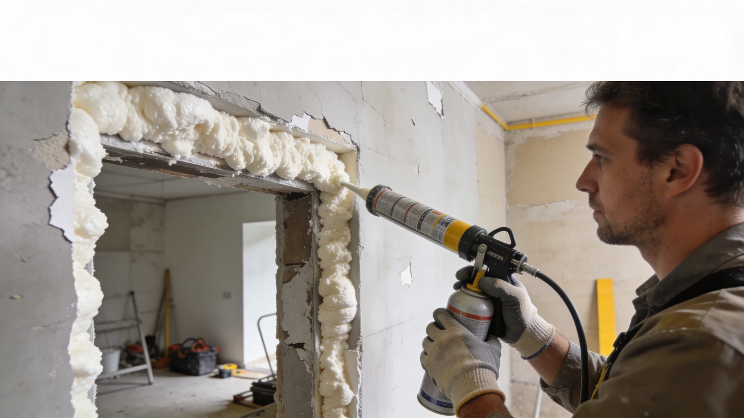 Artisan appliquant de la mousse polyuréthane expansive dans une cavité murale lors de travaux d’isolation intérieure