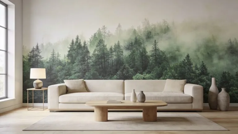 Salon contemporain avec un grand papier peint panoramique paysager sur un mur, dans une ambiance déco élégante et lumineuse
