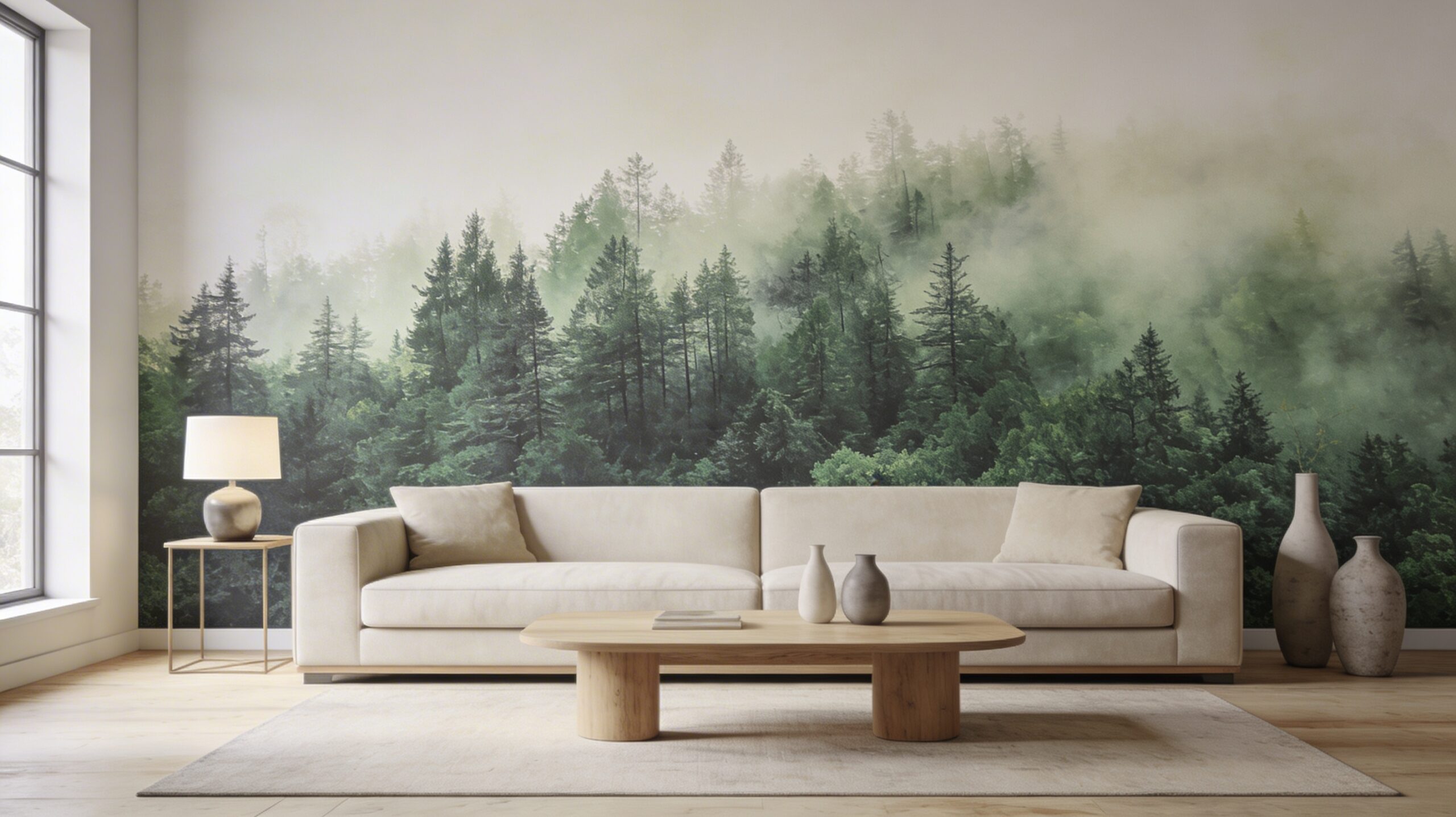 Salon contemporain avec un grand papier peint panoramique paysager sur un mur, dans une ambiance déco élégante et lumineuse