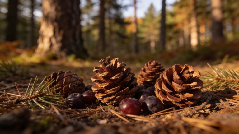 Gros plan de pommes de pin brunes et légèrement ouvertes sur un tapis d’aiguilles en forêt de pins, lumière d’automne