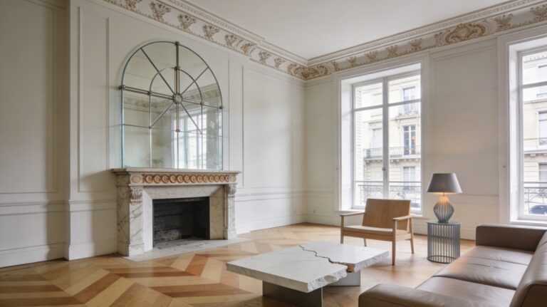 Salon d’appartement haussmannien rénové avec moulures, cheminée ancienne et parquet en point de Hongrie.