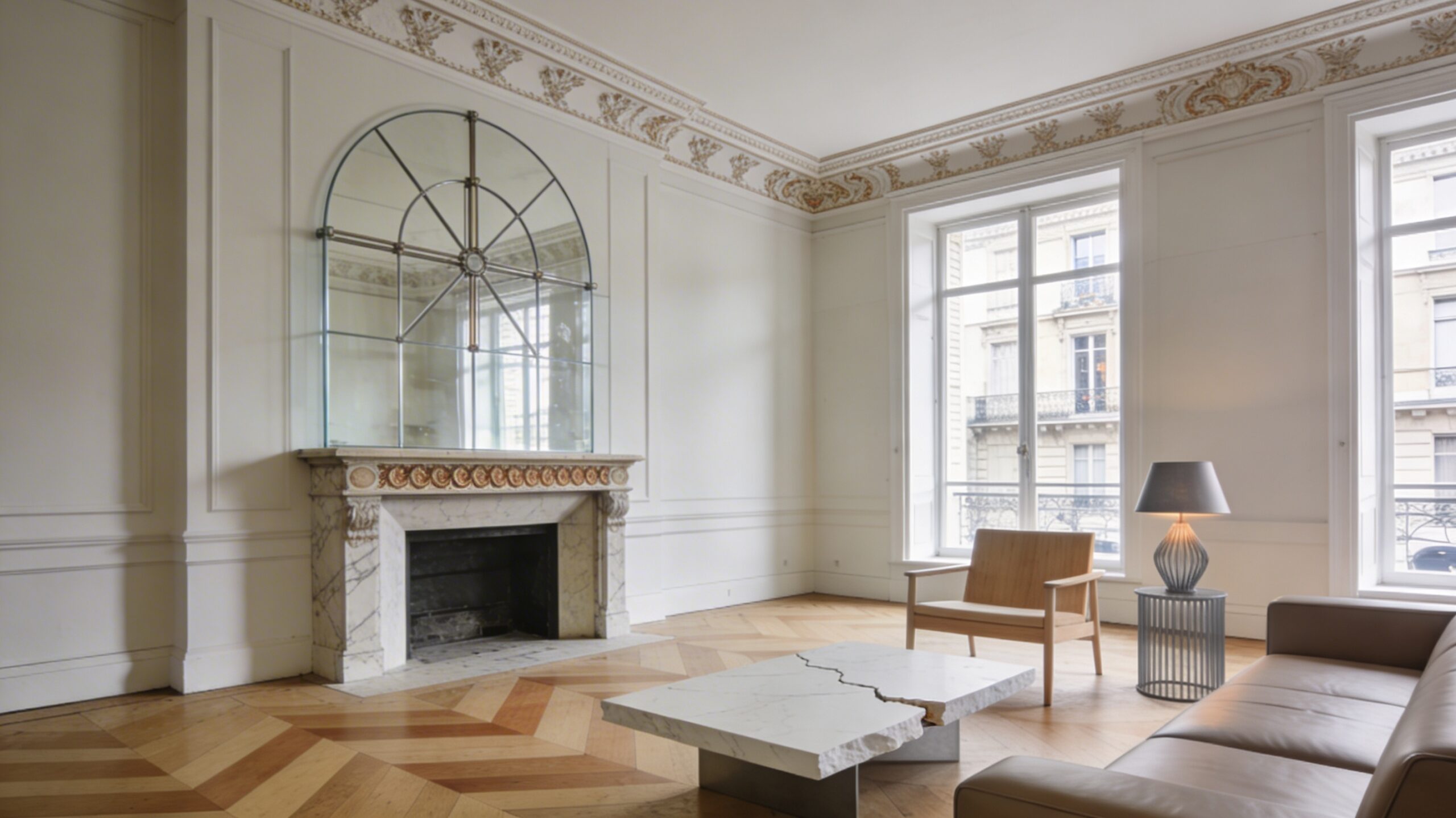 Salon d’appartement haussmannien rénové avec moulures, cheminée ancienne et parquet en point de Hongrie.