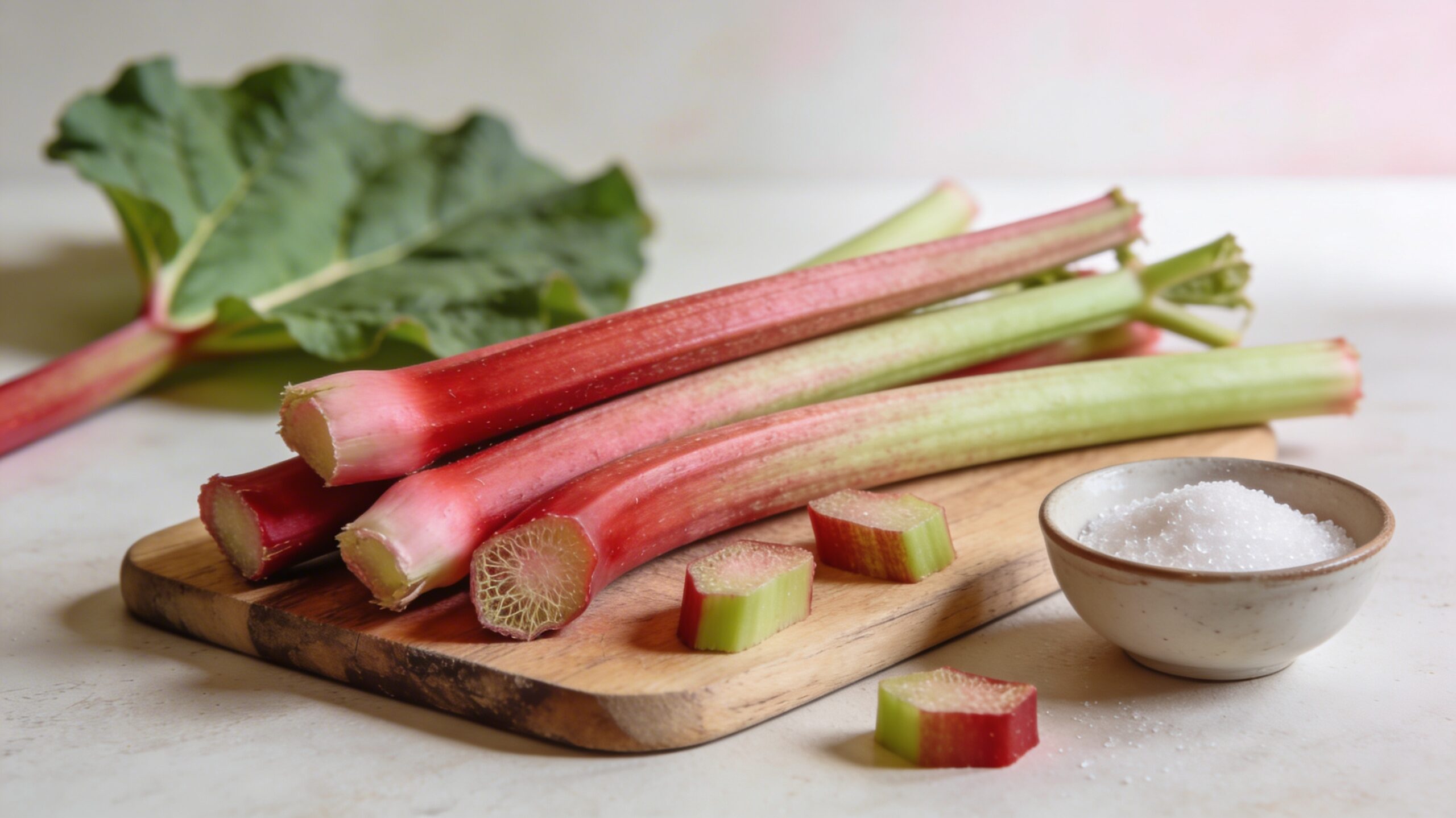 Tiges de rhubarbe fraîches coupées sur une planche en bois, avec un bol de sucre et une feuille de rhubarbe floue en arrière-plan