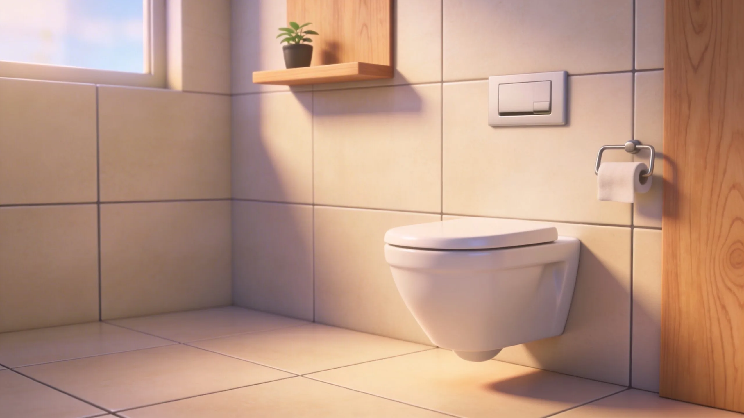 Photo ultra-réaliste d’un WC suspendu blanc mat dans une petite salle de bain contemporaine, carrelage beige clair grand format, touches de chêne clair, lumière naturelle du matin et espace négatif à gauche.