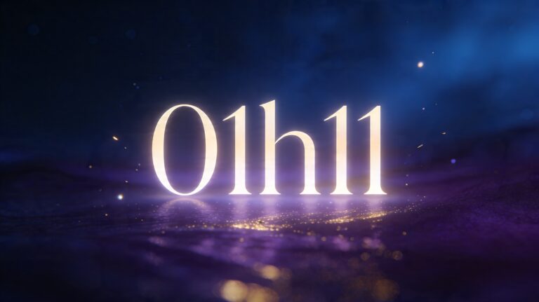 Heure miroir 01h11 lumineuse dans une ambiance nocturne spirituelle moderne, avec tons bleu nuit, violet et reflets dorés